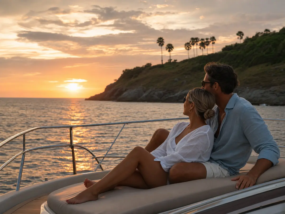 Couple watching sunset from a private yacht near Phuket