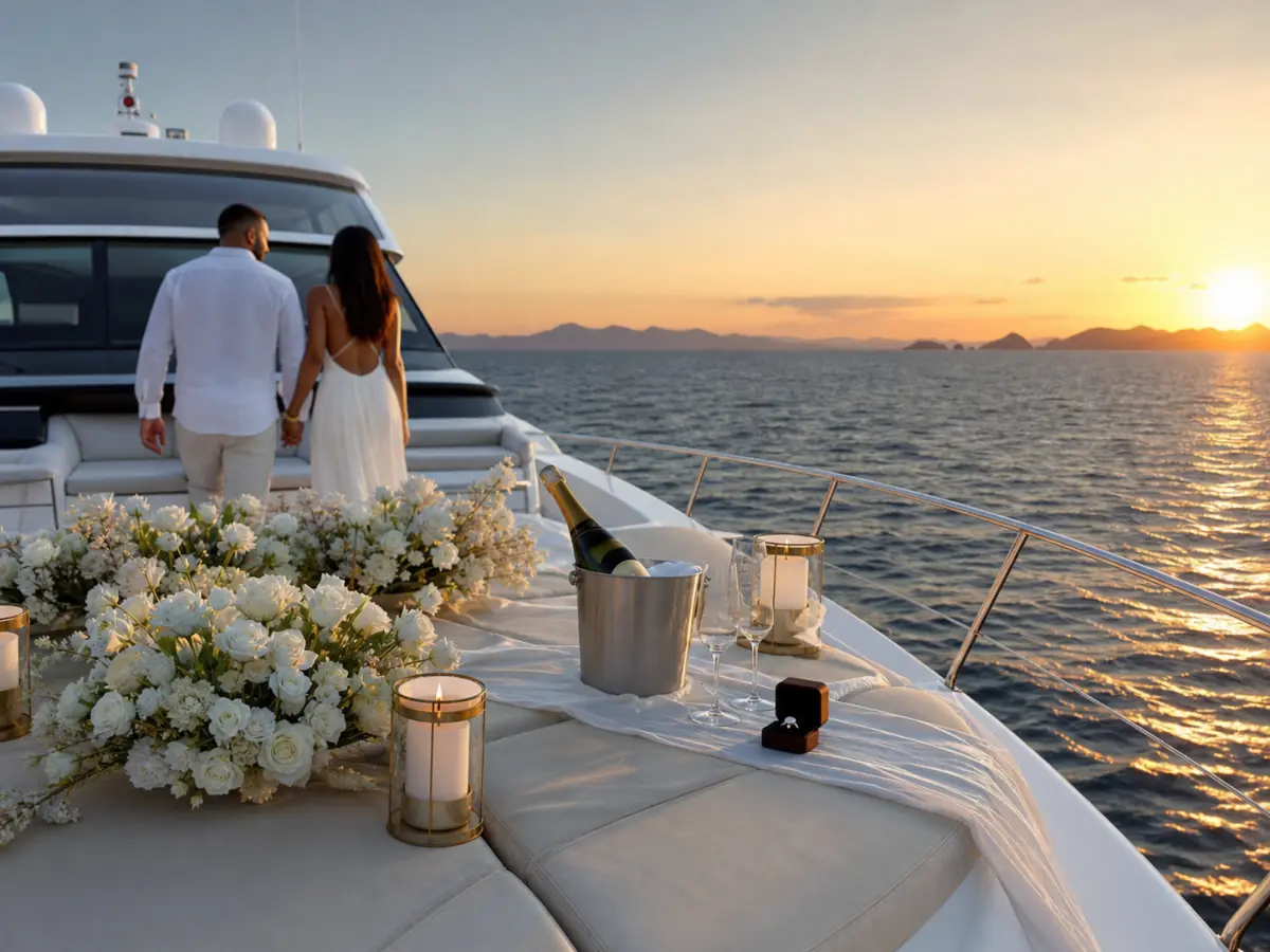 Marriage proposal setup with flowers on a private Phuket yacht